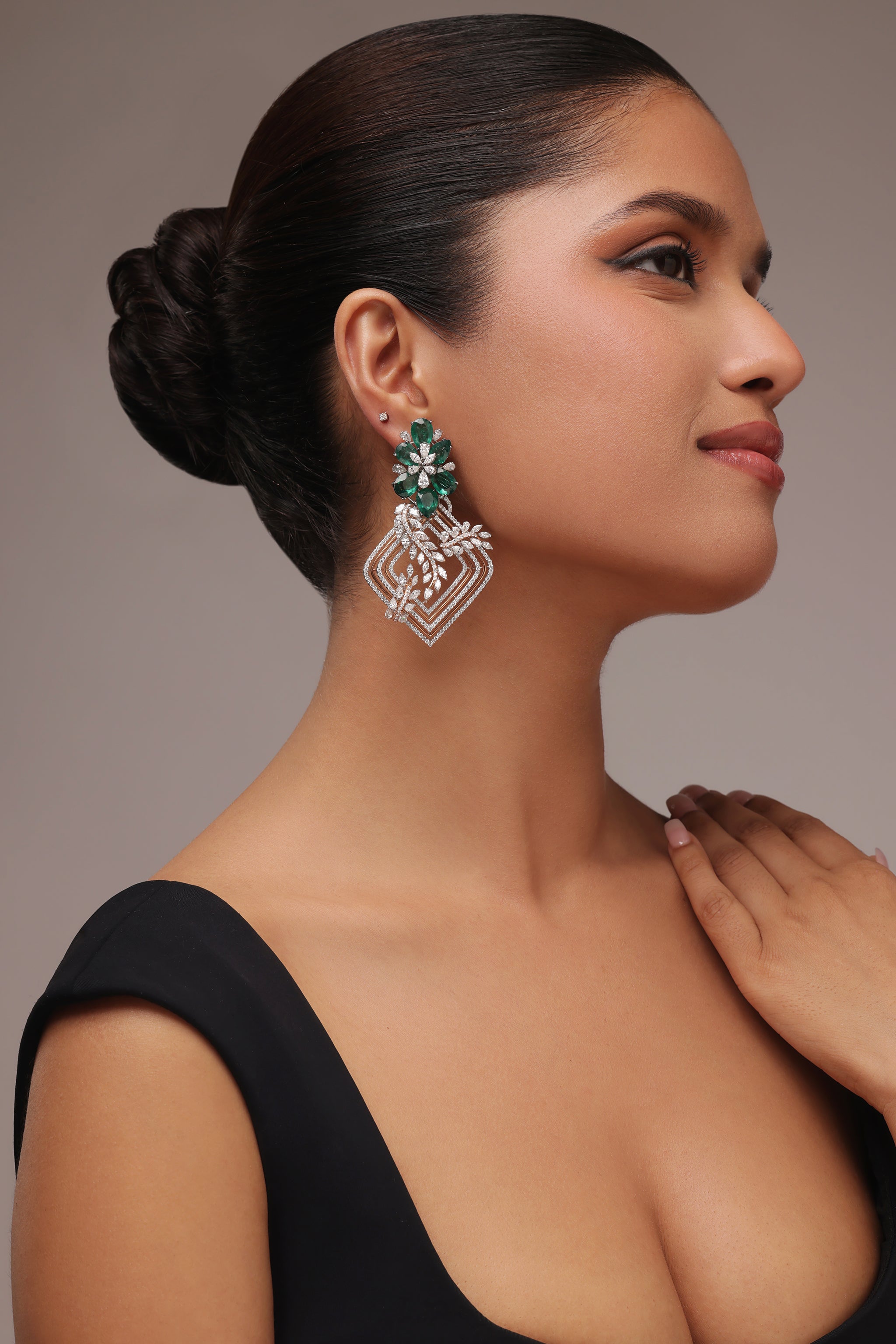 Green Pear stone and marquise diamond earrings