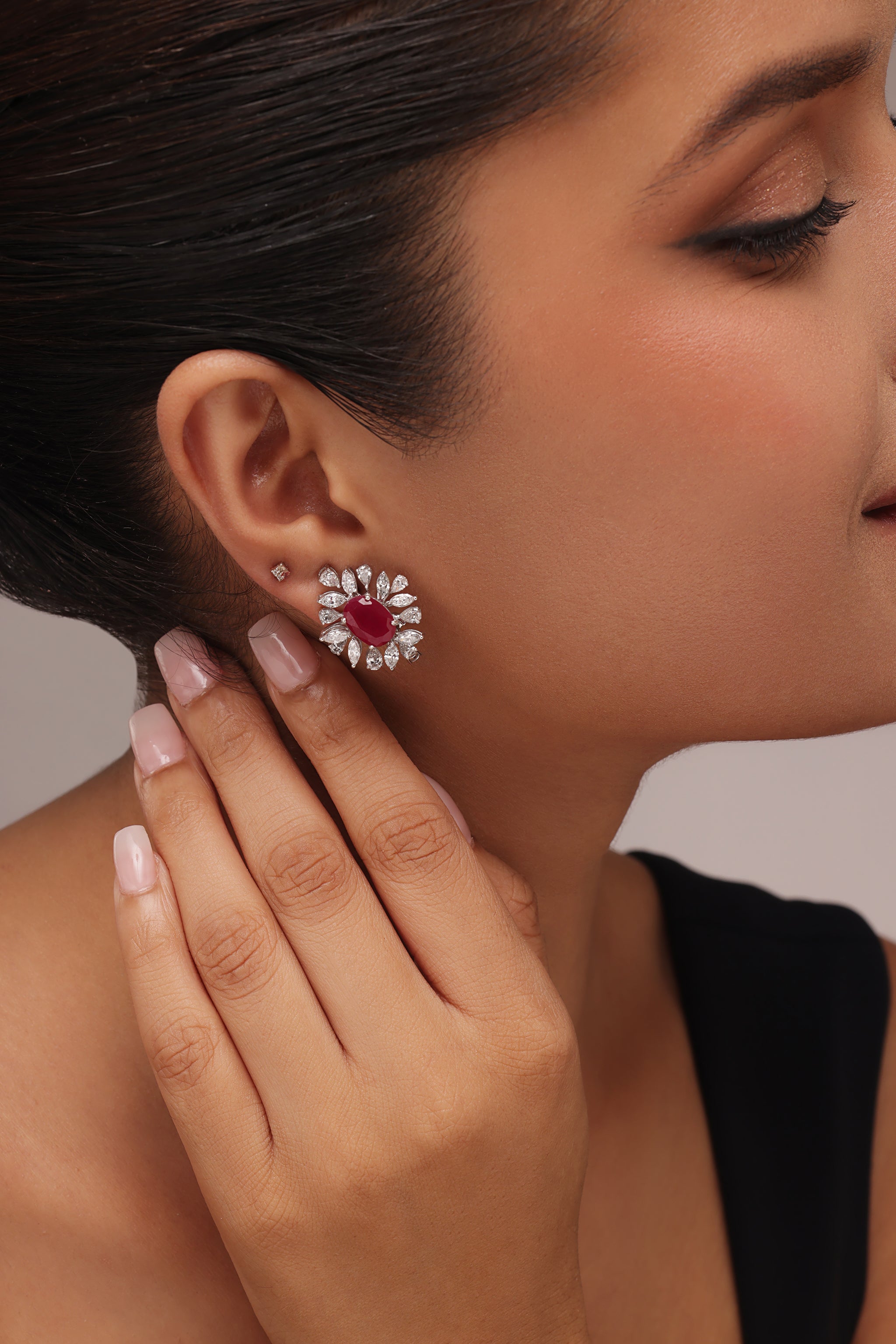 RED STONE AND MARQUISE DIAMOND EARRINGS