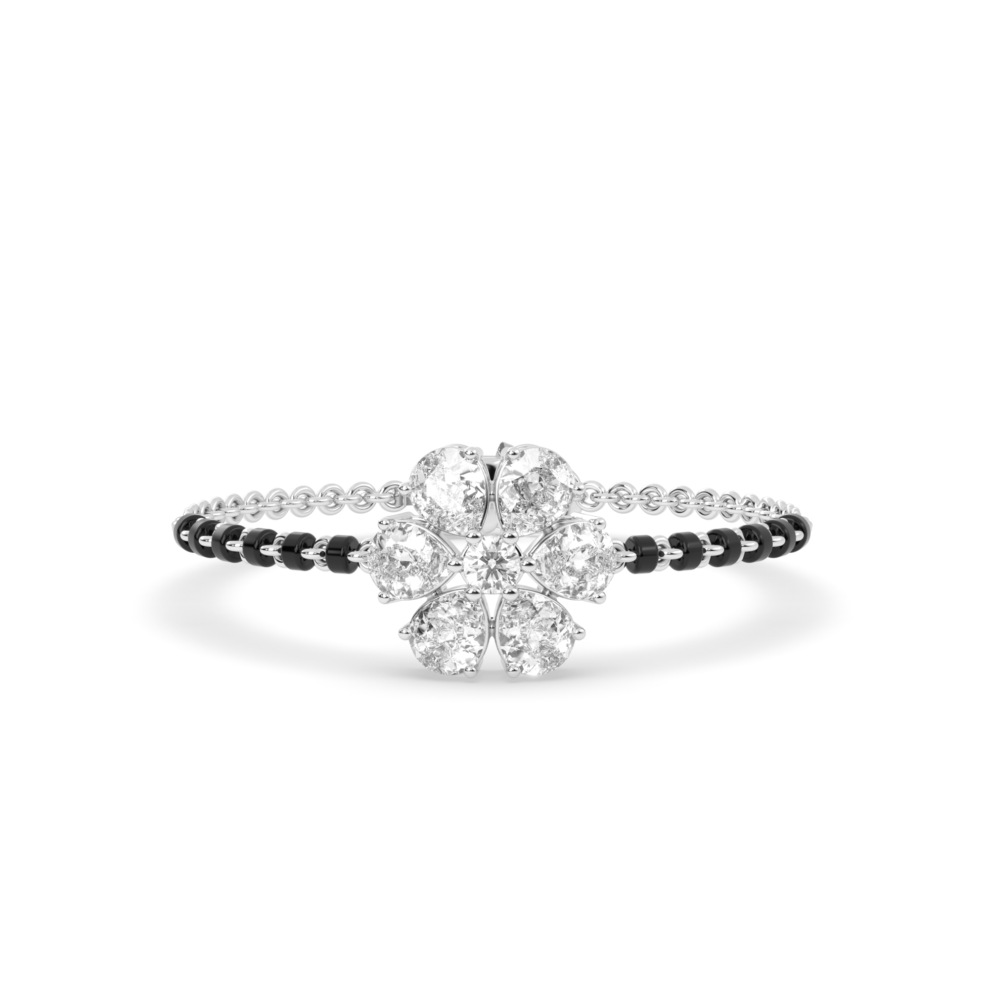 white gold tanmaniya bracelet featuring a floral cluster at the center composed of five pear diamond shapes and a central round stone, with the band accented by black beads and lab grown diamond in it.