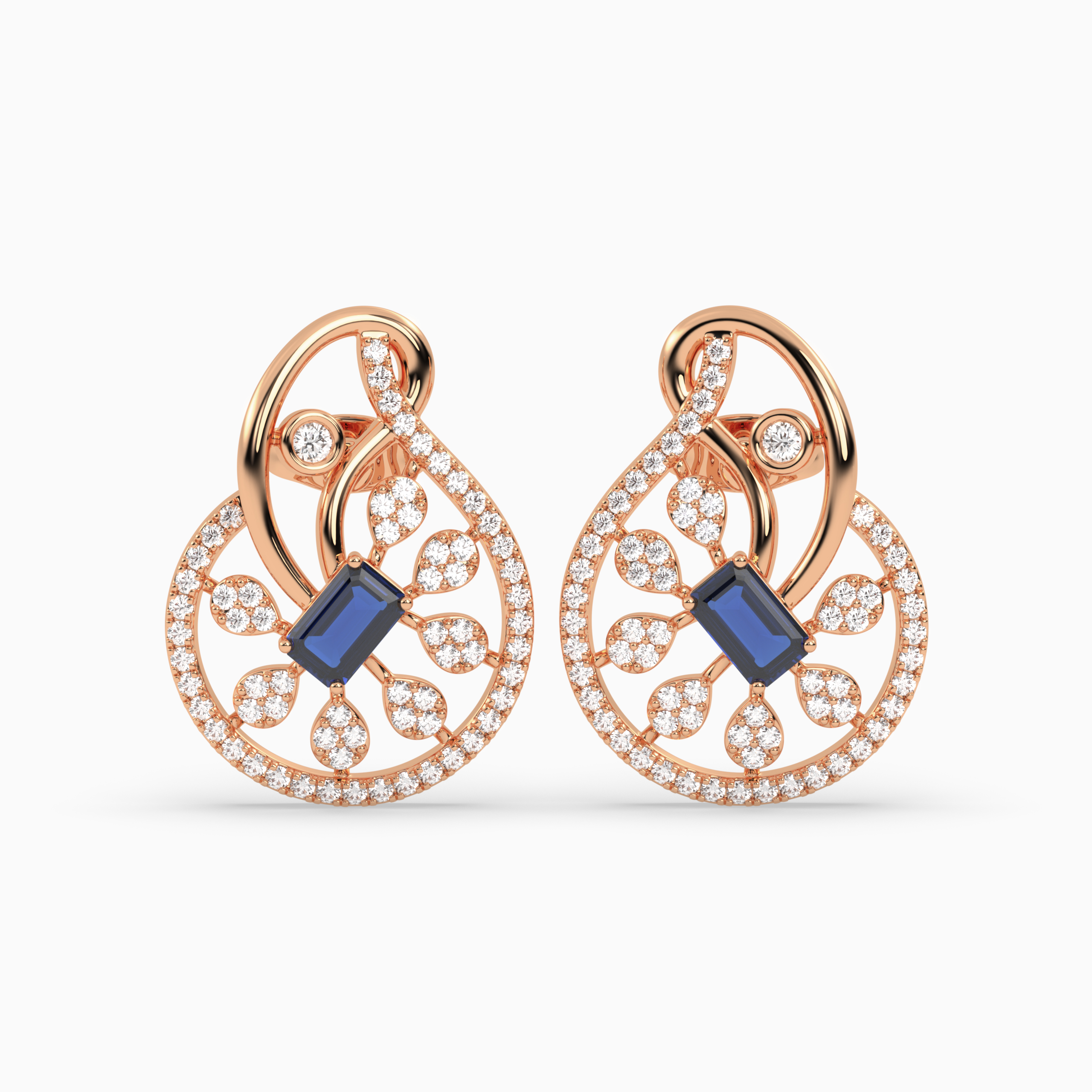 Floral Stud Earrings with Emerald-Cut Blue Sapphire