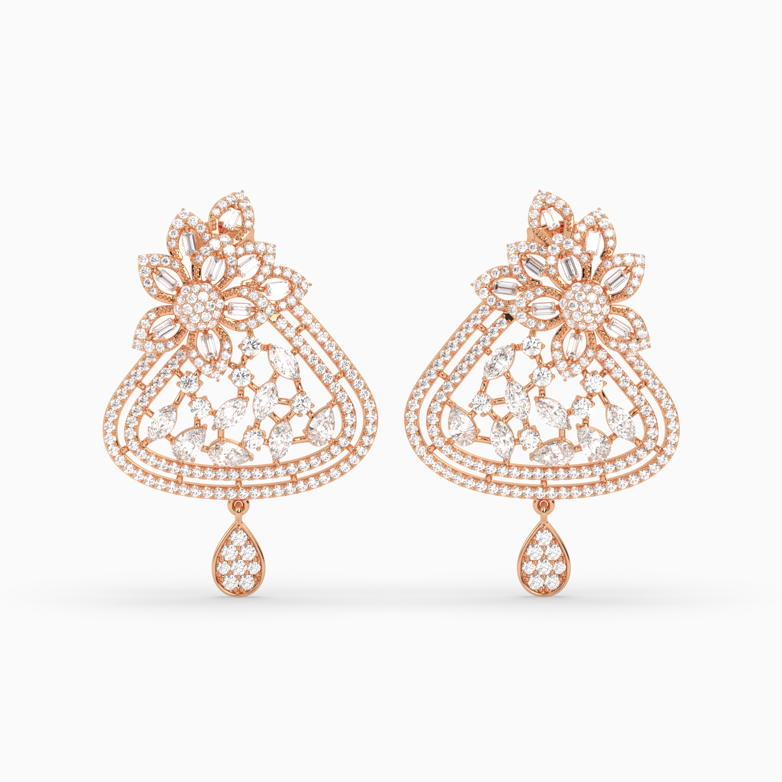 Baguette and Marquise Diamond Floral Cluster Earrings