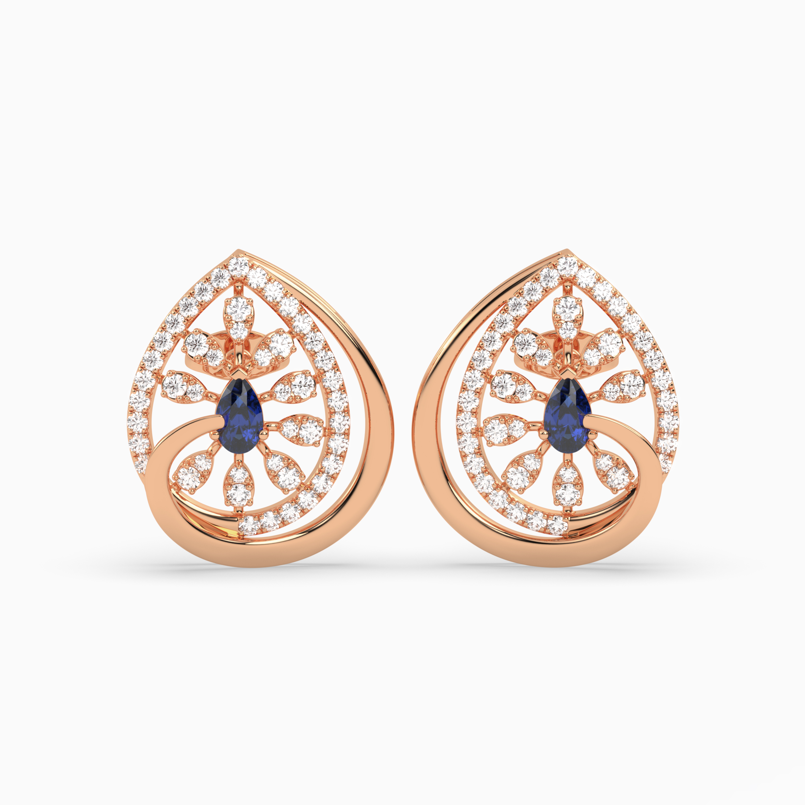 Teardrop Earrings with Blue Pear Gemstone and Pavé Diamond Petals