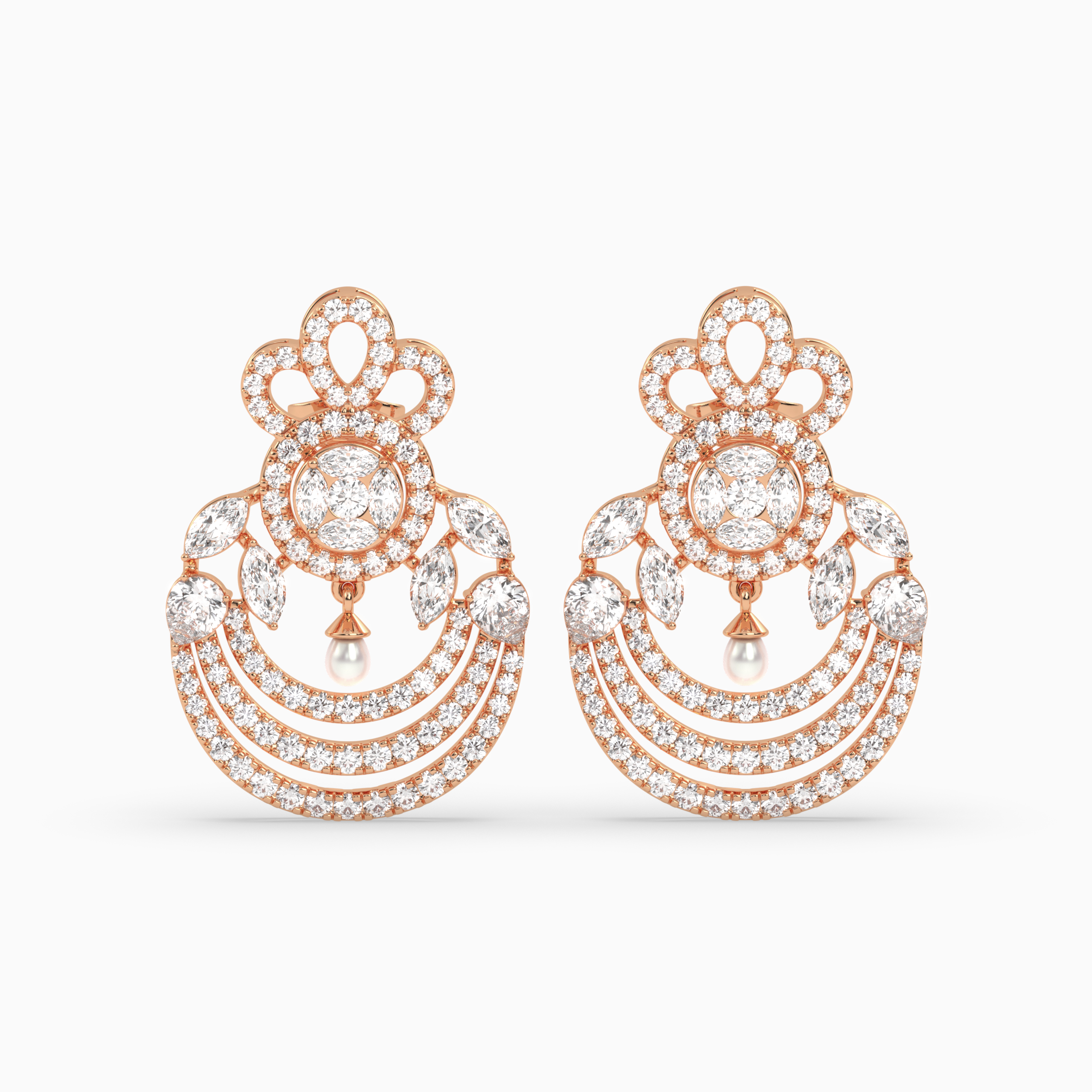Tiered Diamond Drop Earrings with Hanging Pearl Accents