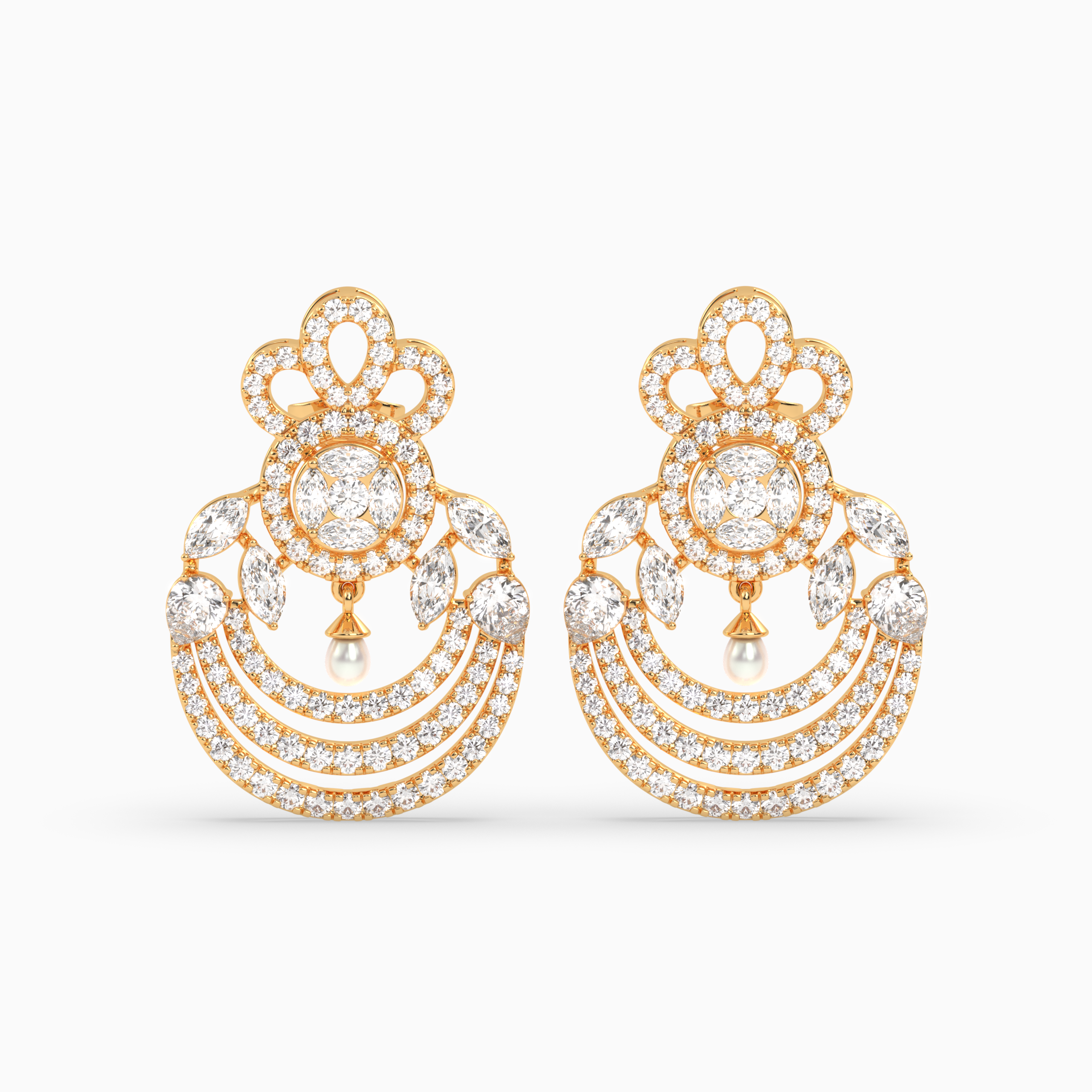 Tiered Diamond Drop Earrings with Hanging Pearl Accents