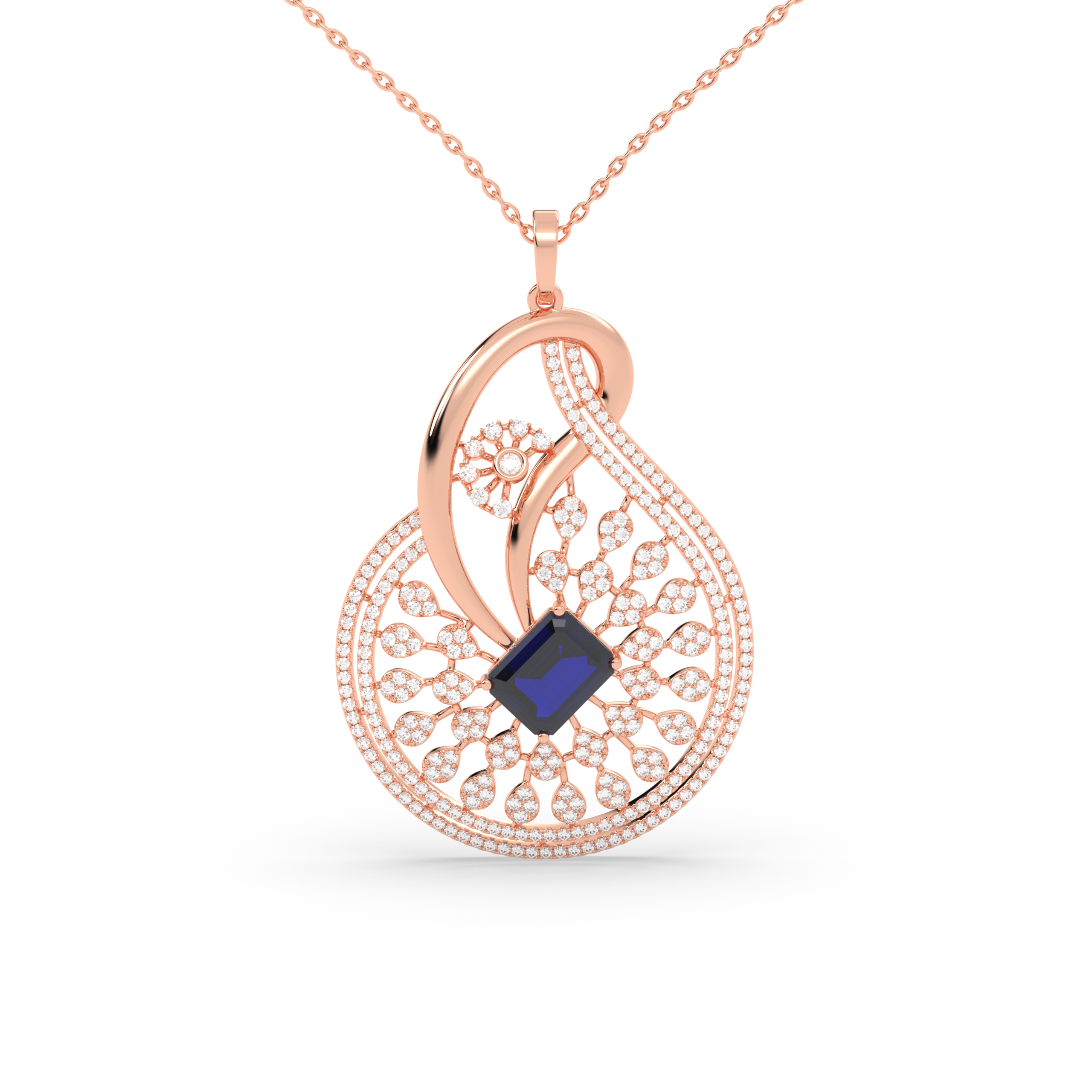 Floral Stud Pendant with Emerald-Cut Blue Sapphire