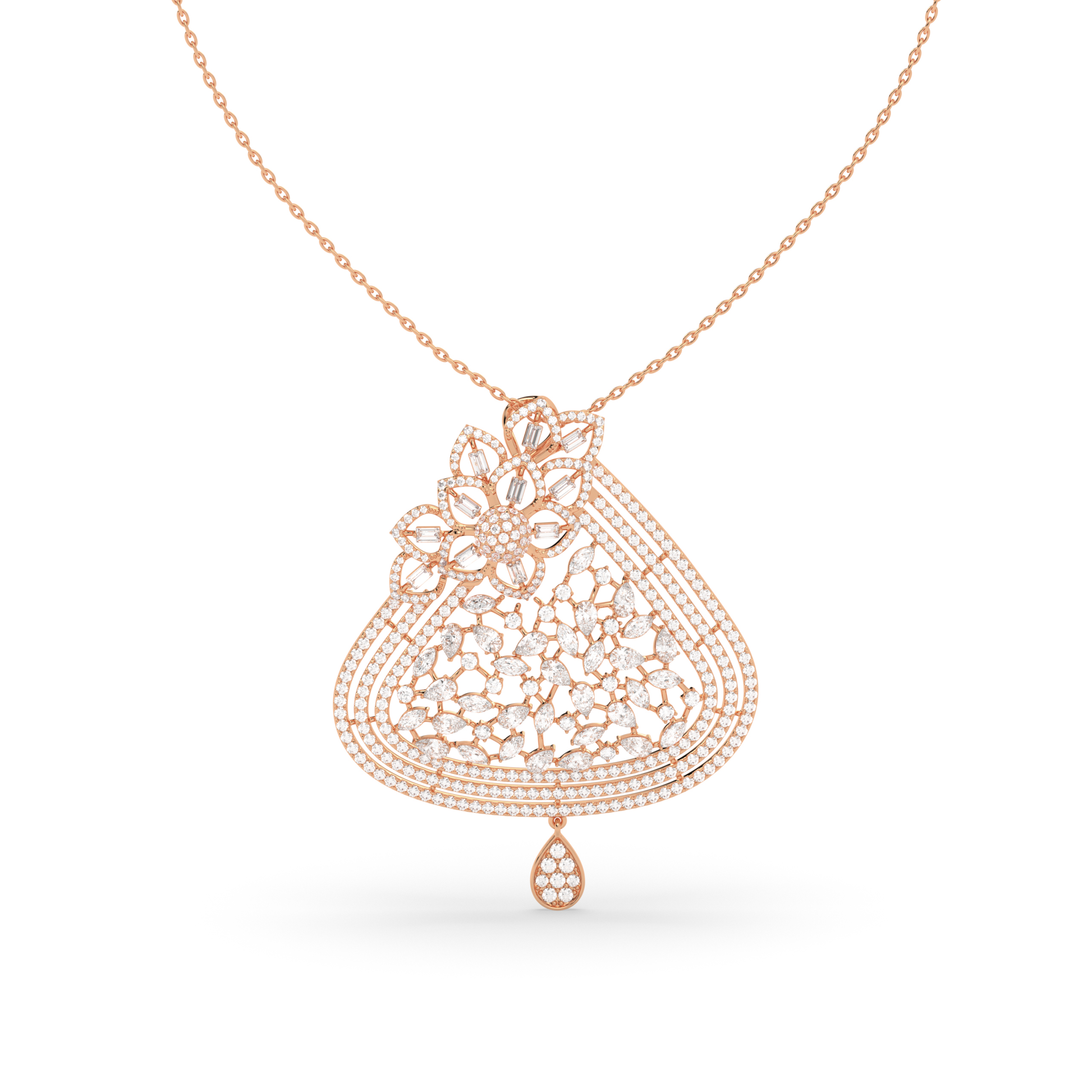 Baguette and Marquise Diamond Floral Cluster Pendant