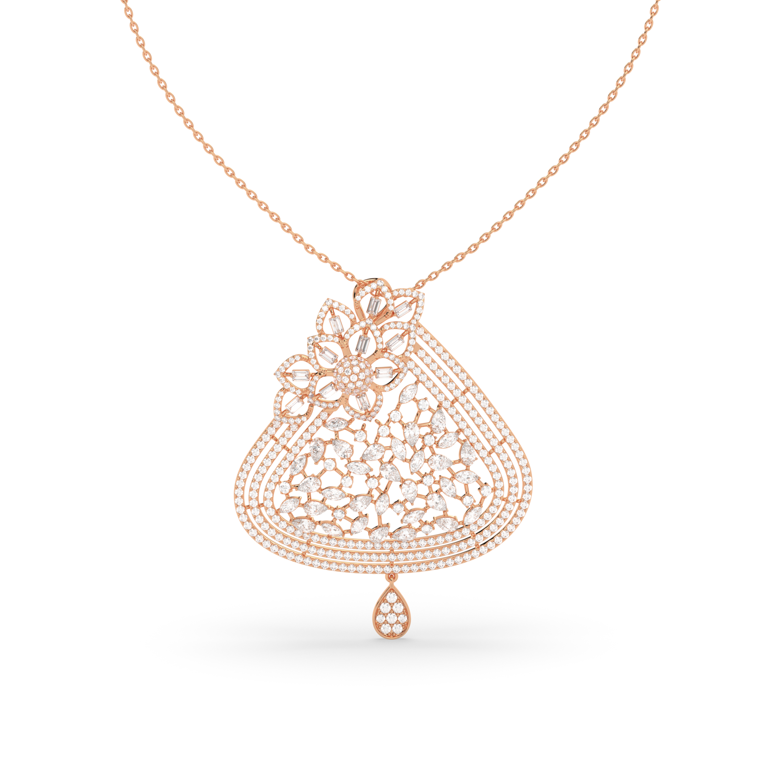 Baguette and Marquise Diamond Floral Cluster Pendant