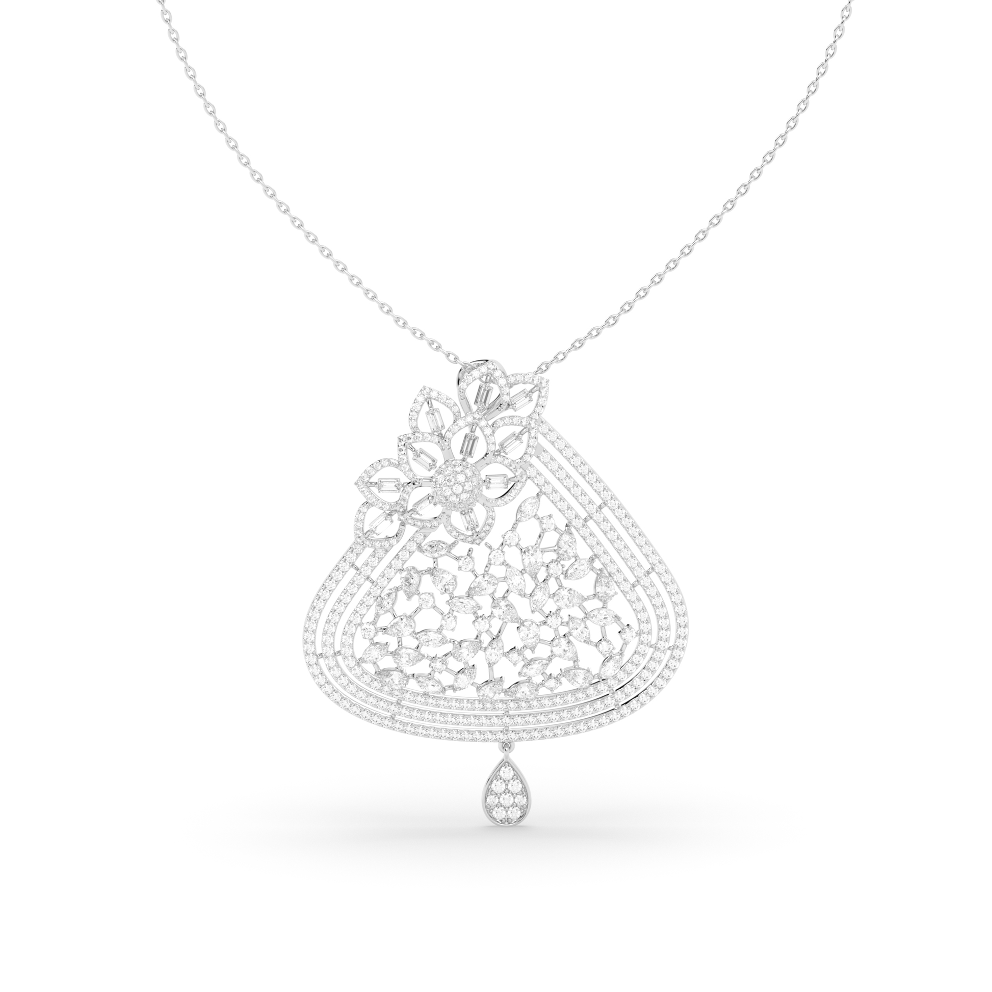 Baguette and Marquise Diamond Floral Cluster Pendant