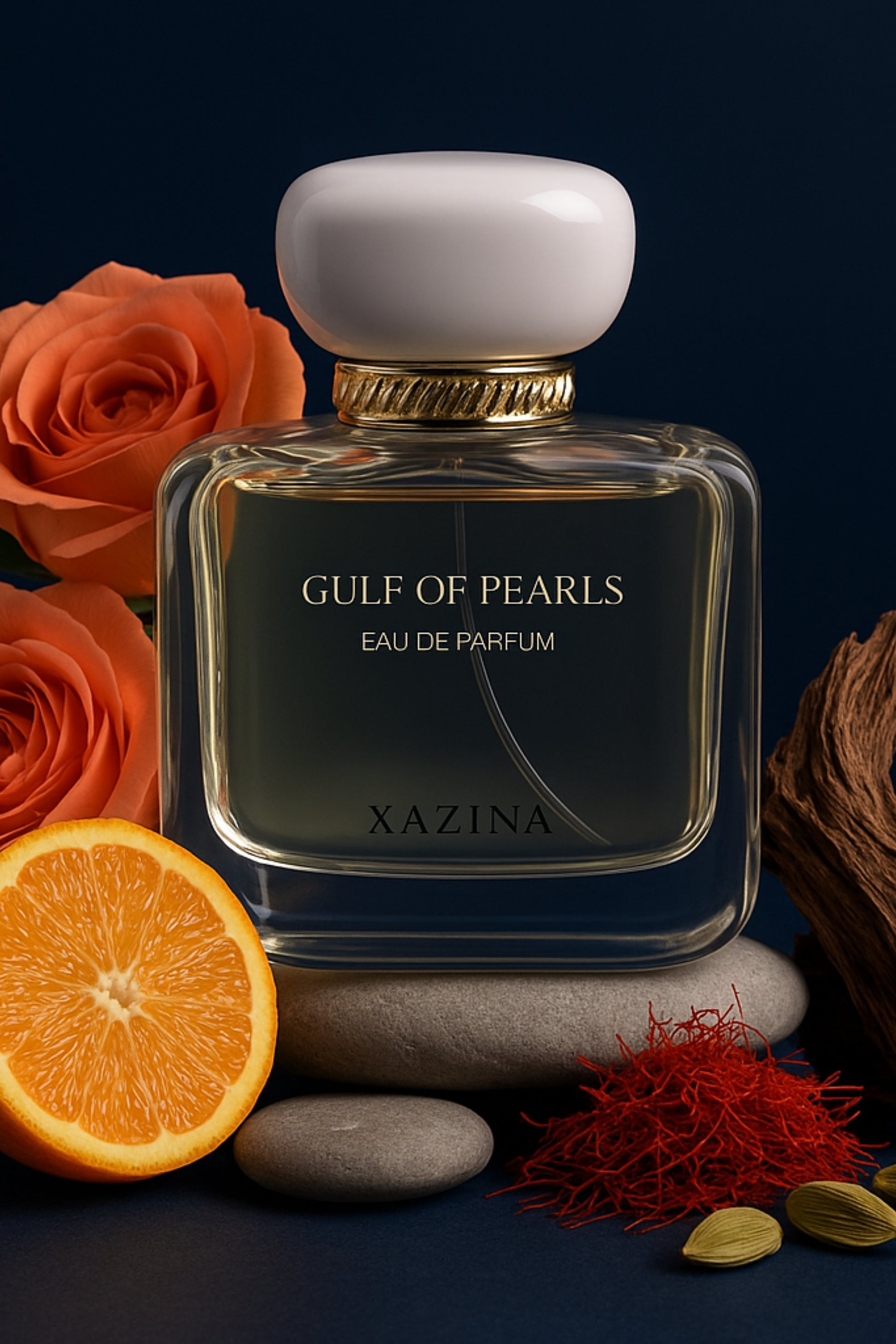 Studio still life of a square luxury perfume bottle labeled XAZINA 'Gulf of Pearls' Eau de Parfum, featuring a white cap and gold neck detail. The bottle rests on grey stones, surrounded by fragrance notes like orange, roses, saffron, cardamom, and driftwood. Product photography for luxury, ethical fragrance.