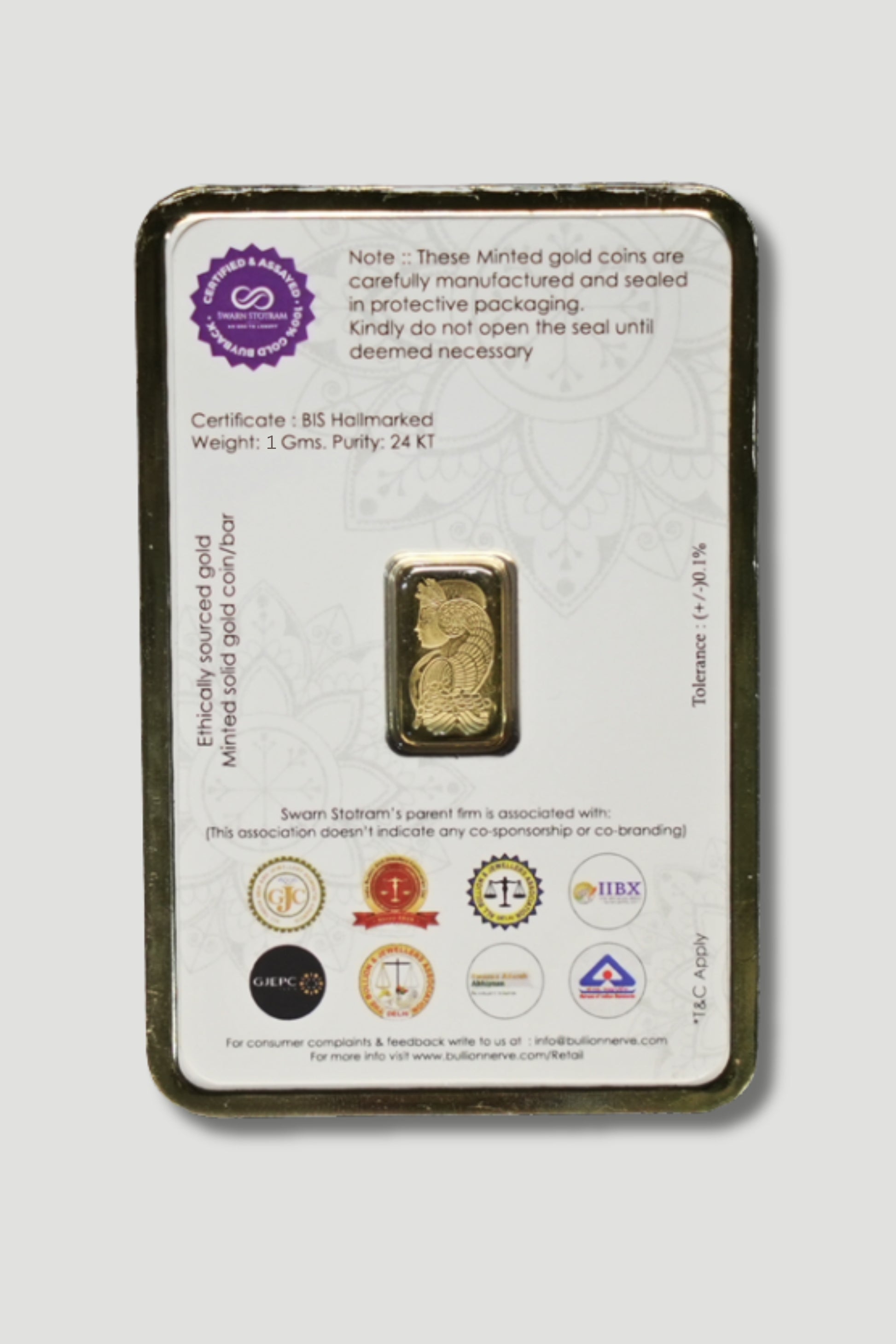A packaged 1 gram, 24 Karat, BIS Hallmarked minted solid gold bar with an engraved design of a deity's profile. The packaging includes warnings not to open the seal, a note on ethical sourcing, and details about the manufacturer Swarn Satram and Xazina.