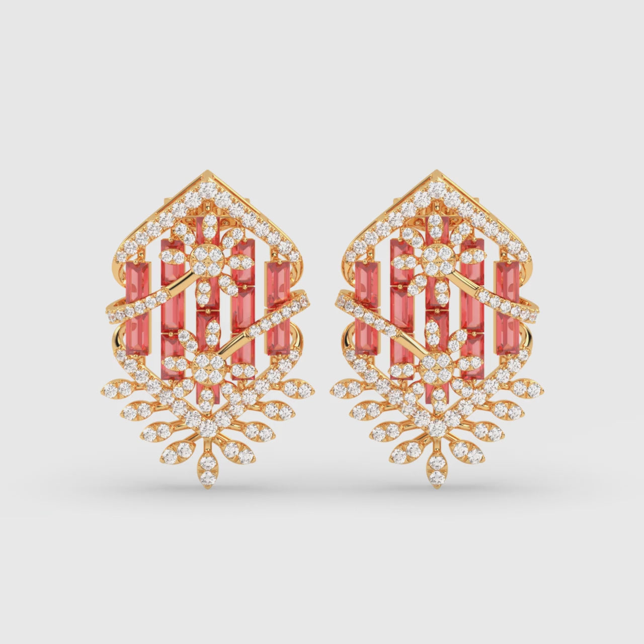 Load video: Ruby Red Baguette Stones Geometric Drop Earrings
