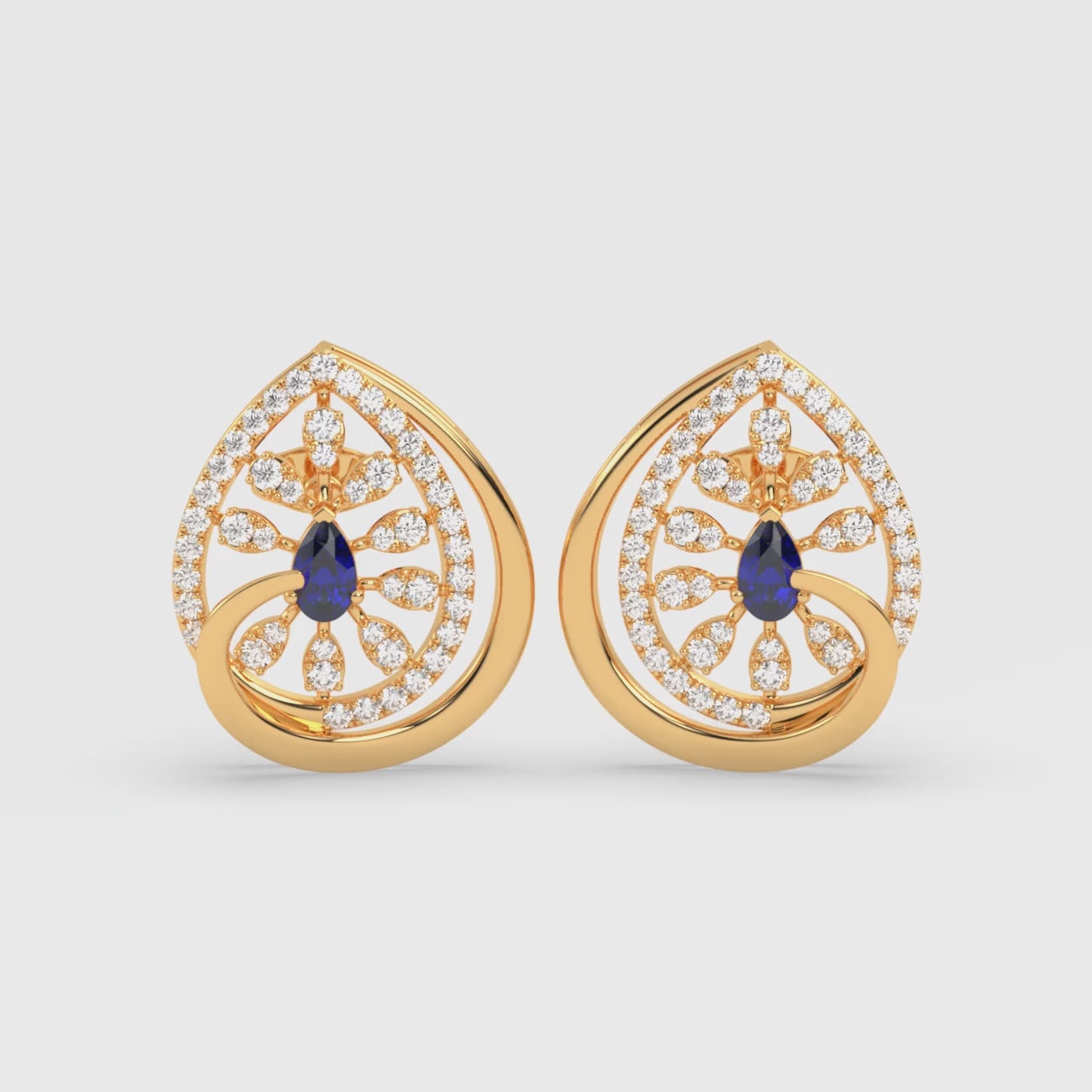 Load video: Teardrop Earrings with Blue Pear Gemstone and Pavé Diamond Petals
