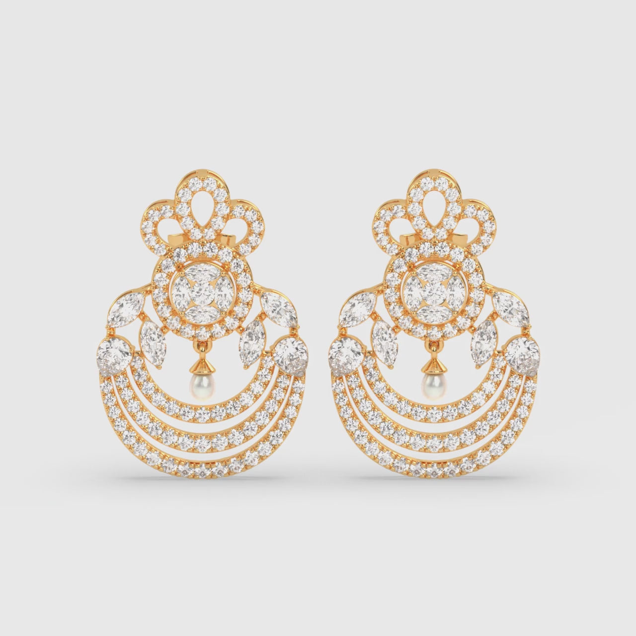 Load video: Tiered Diamond Drop Earrings with Hanging Pearl Accents