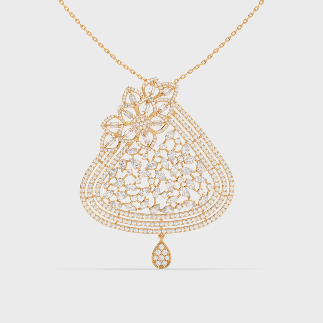 Load video: Baguette and Marquise Diamond Floral Cluster Pendant