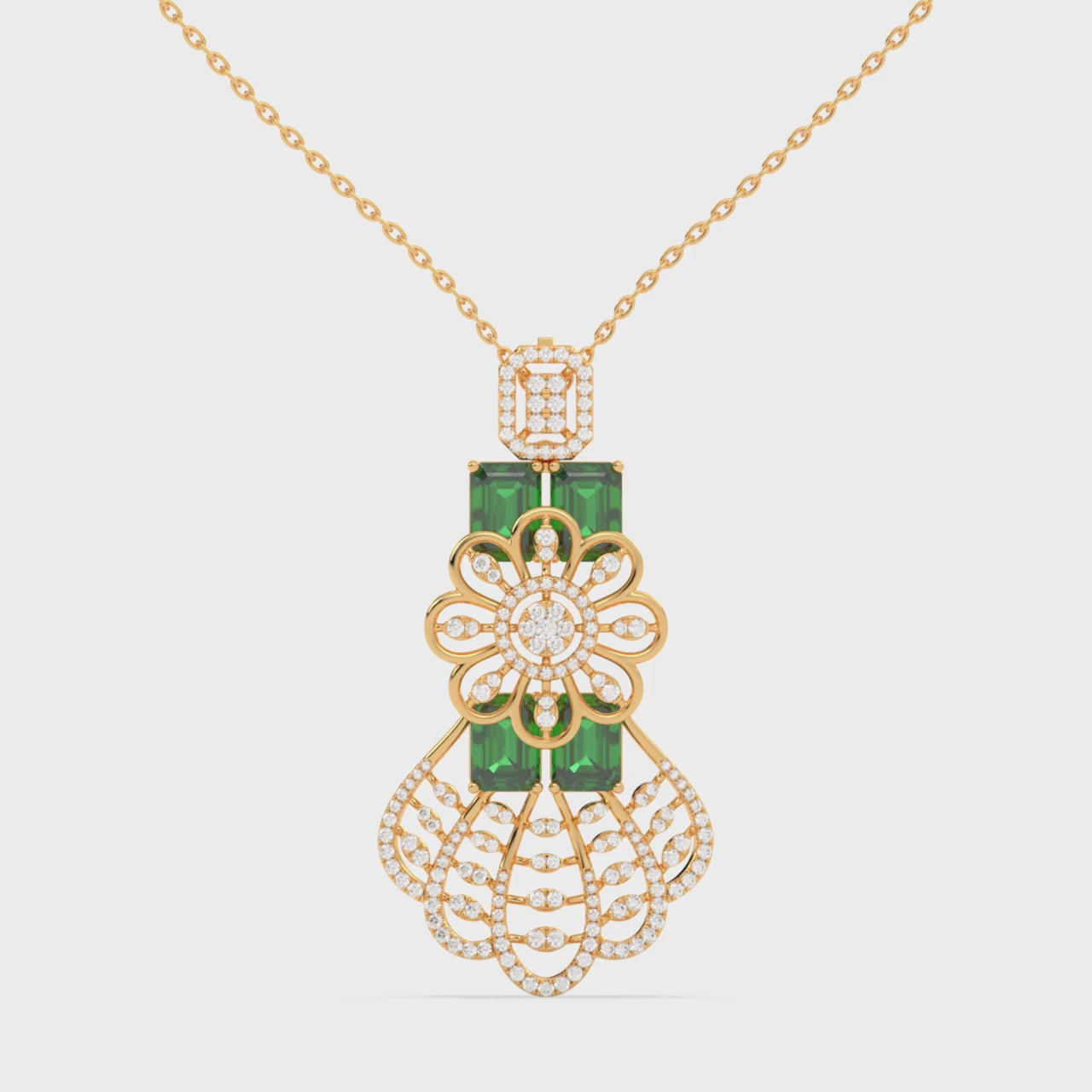 Load video: Floral Emerald &amp; Diamond Teardrop Pendant