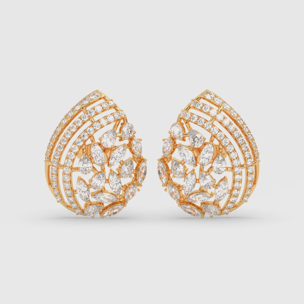 Load video: Floral Diamond Stud Earrings - Round Brilliant Petal Design