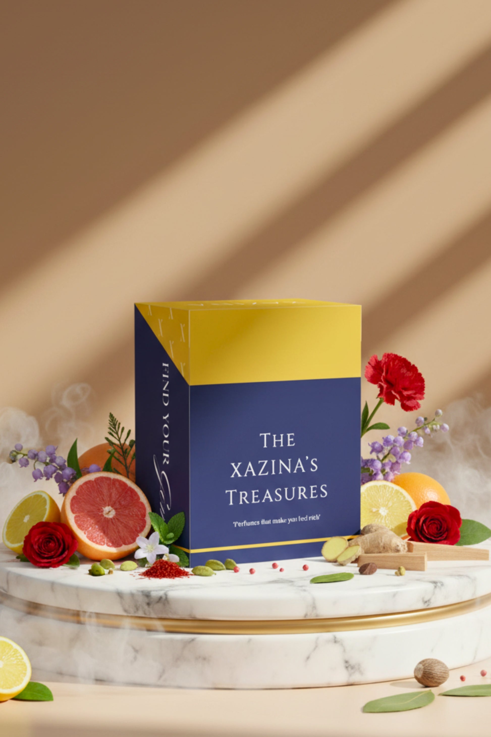 Studio product shot of 'The Xazina's Treasures' set of 5 mini spray perfumes traveler pack box, featuring a yellow and navy blue design. The box is displayed on a marble pedestal, surrounded by various fragrance notes like grapefruit, lemon, roses, ginger, and lavender. Alt text for luxury mini fragrance set and best-selling perfumes.