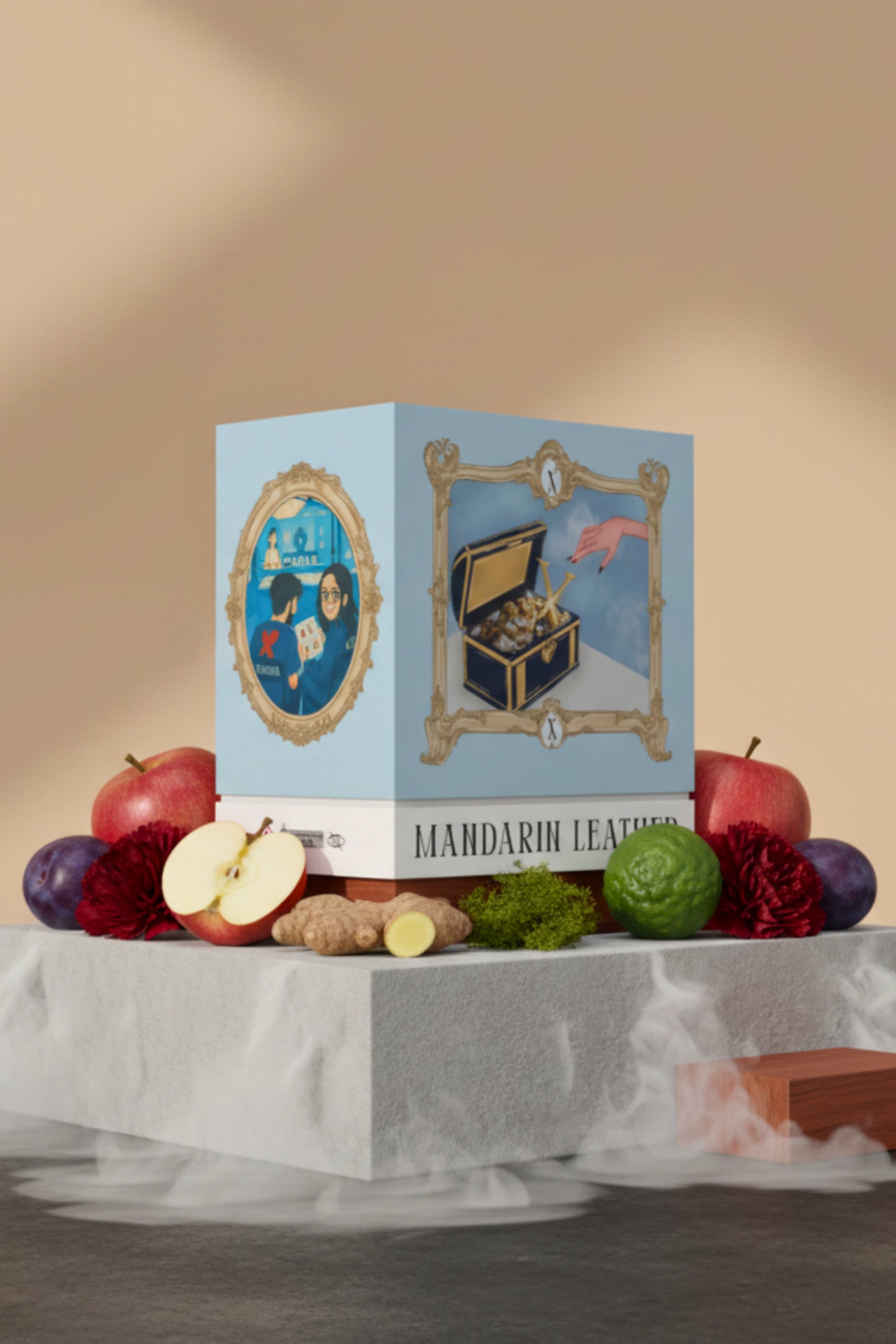 Digital art illustration on the Mandarin Leather perfume box, depicting a hand reaching into a treasure chest filled with gold and jewels, framed by a baroque border. The side panel shows a designer interacting with a customer in a jewellery store. The box is surrounded by fragrance elements including apples, ginger, lime, and nutmeg. Represents the XAZINA brand story of discovery and luxury.