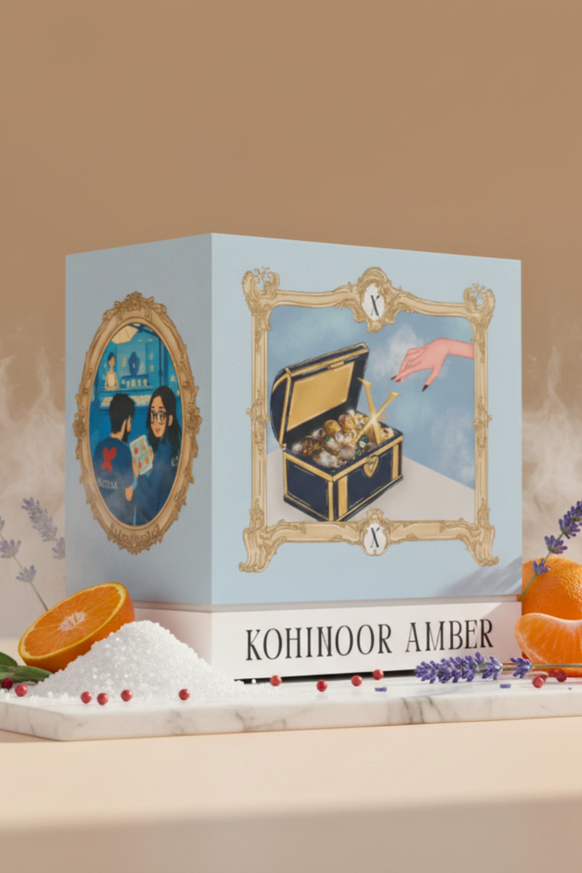Digital art illustration on the Kohinoor Amber perfume box, depicting a hand reaching into a treasure chest filled with gold and jewels, framed by a baroque border. The side panel shows a designer interacting with a customer in a jewellery store. Represents the XAZINA brand story of discovery and luxury.