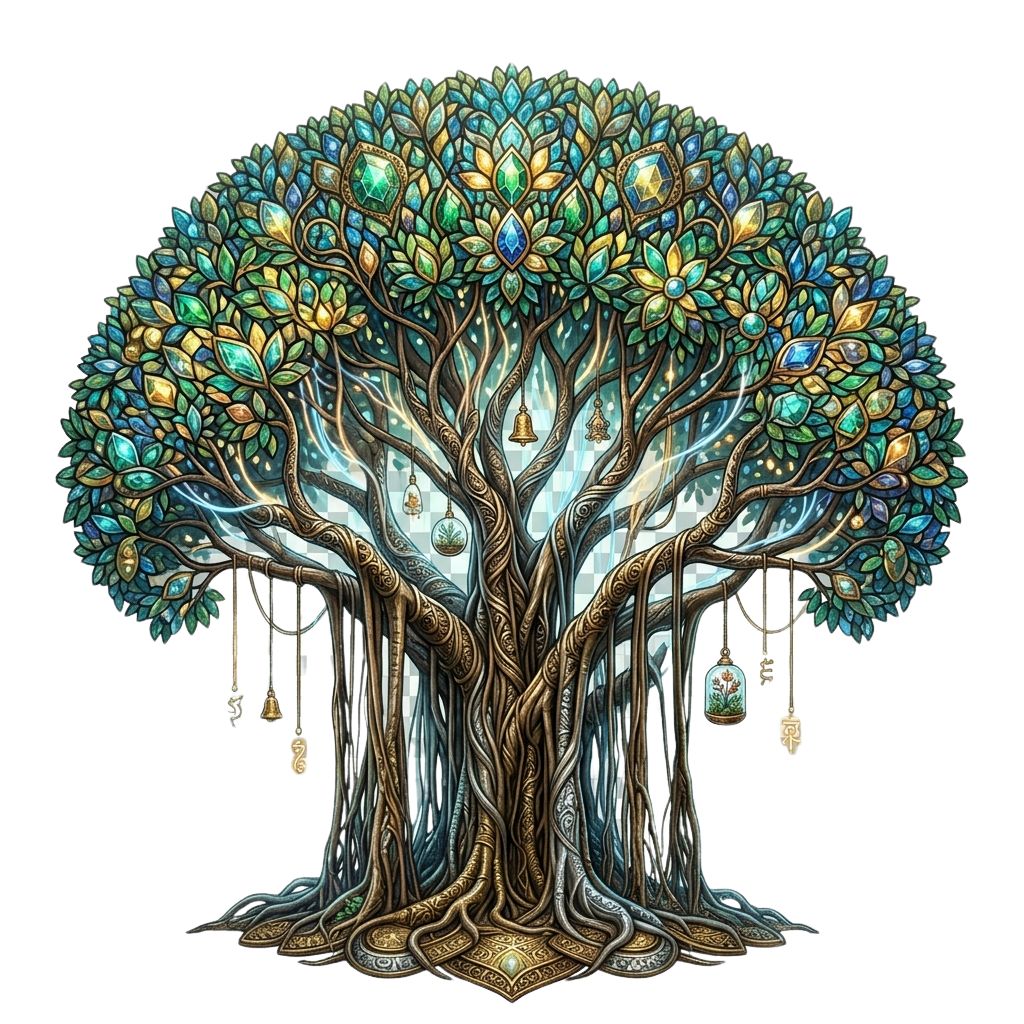 Illustrated banyan tree - India's national tree and the design inspiration behind The True Imperfections necklace by Xazina, whose vines, roots and sprawling form shaped the entire piece