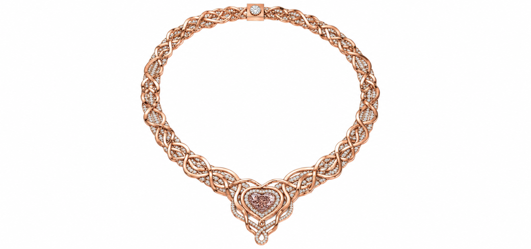 The True Imperfections necklace by Xazina - full view of 9kt rose gold banyan vine design with 436 lab-grown diamonds and 20ct pink-brown heart centrepiece, Cannes 2026
