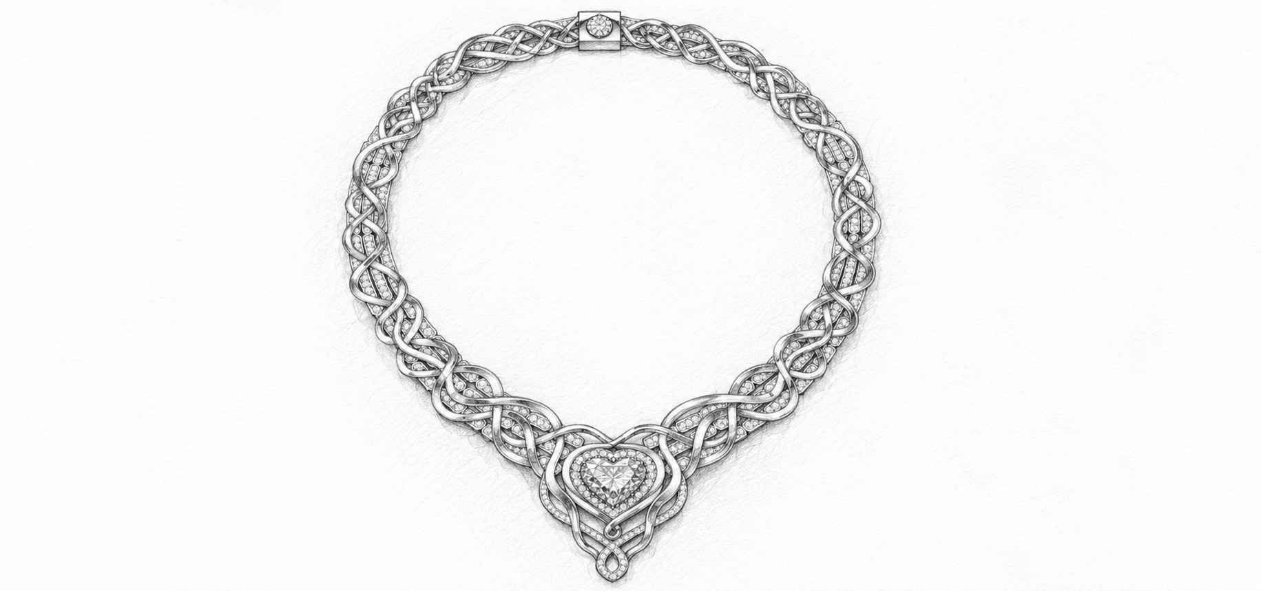 Original design sketch of The True Imperfections necklace by Parth Gupta - banyan vine motif with heart diamond centrepiece, the first drawing before the piece was made