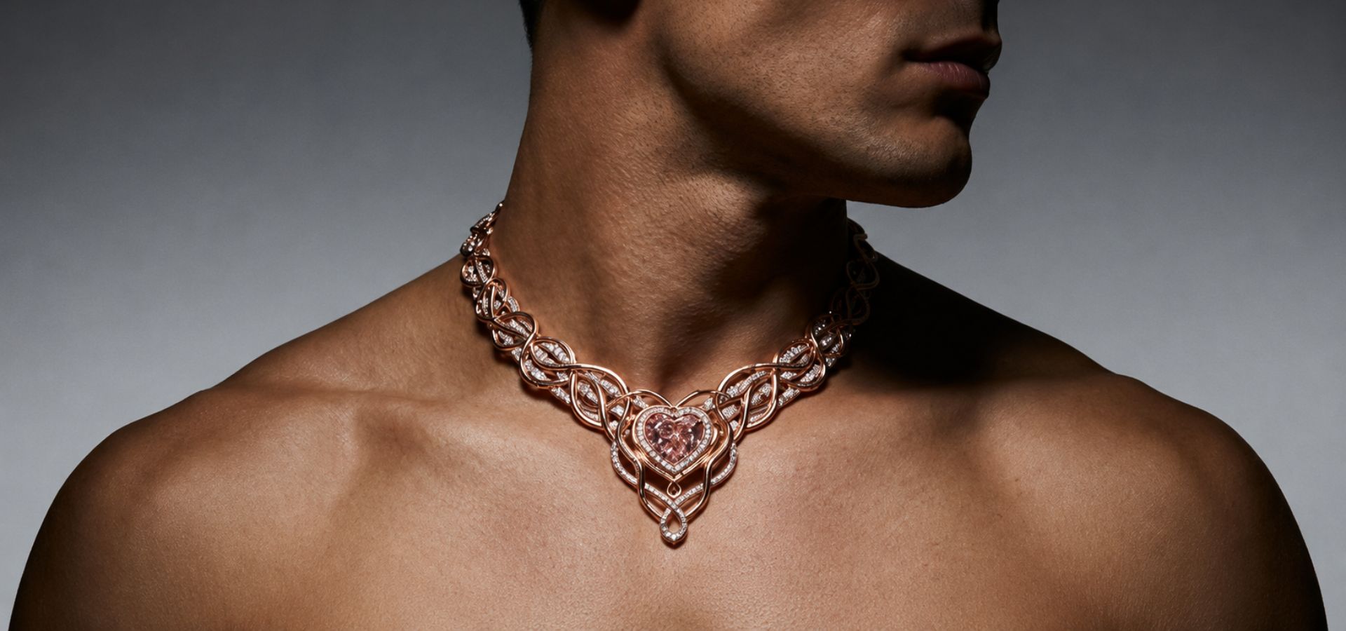 The True Imperfections necklace by Xazina - 20ct pink-brown heart lab-grown diamond in 9kt rose gold, inspired by the banyan tree, worn at Cannes Film Festival 2026 by Vishal Pandey